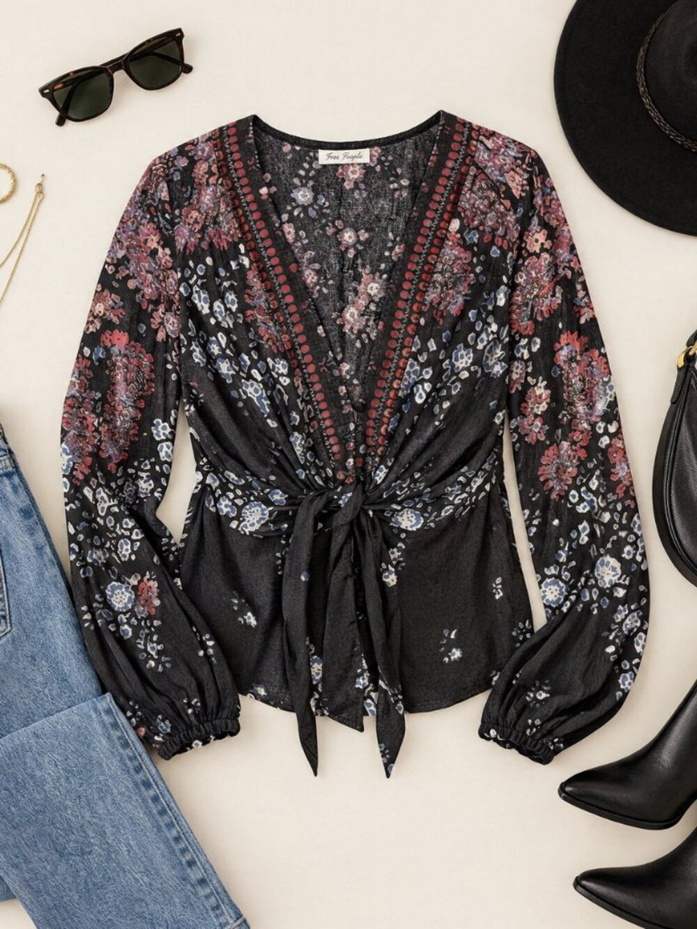Free People Black Floral Tie Front Blouse Medium Boho Bell Sleeve Deep V